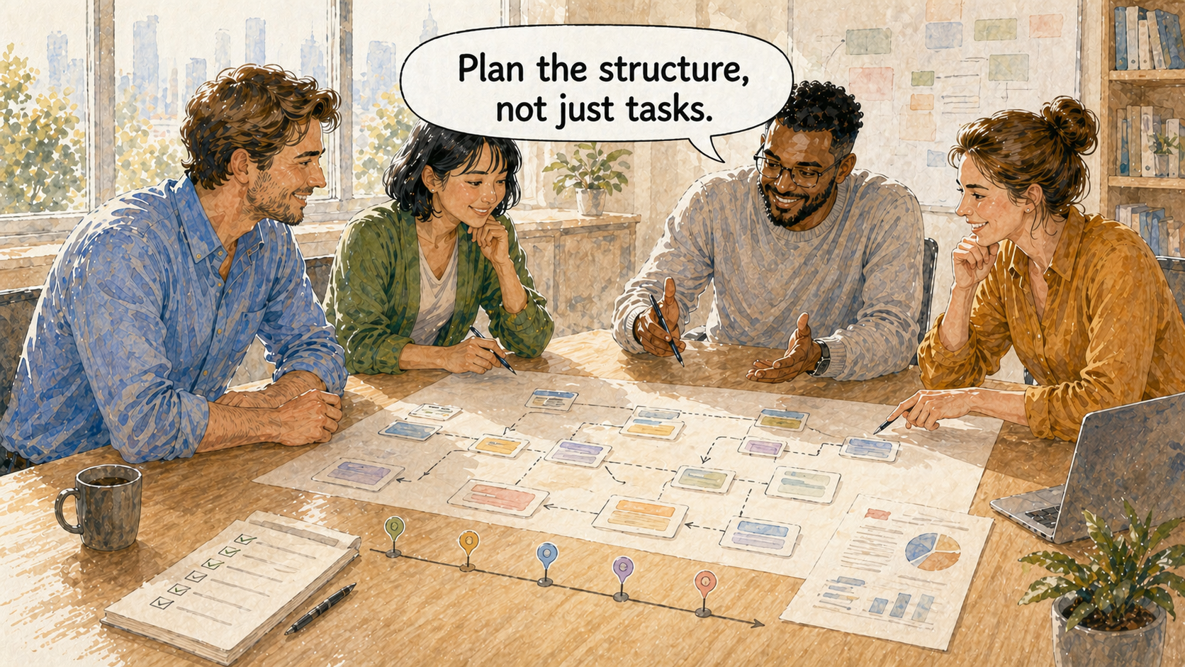 A planning team turning a checklist into a structured project plan with hierarchy, dependencies, milestones, and reports