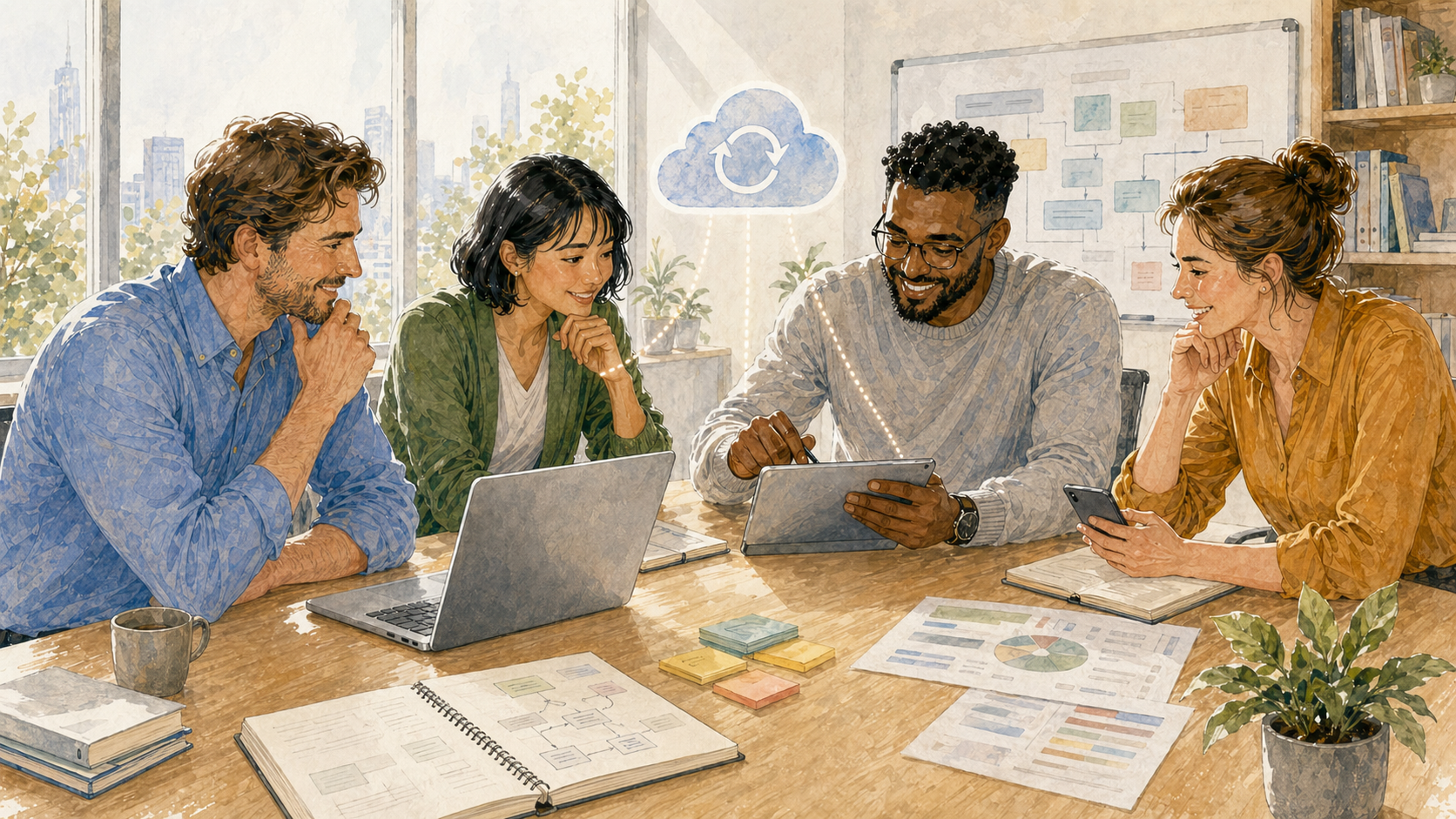 A planning team using Mac, iPad, and iPhone to build one structured project plan