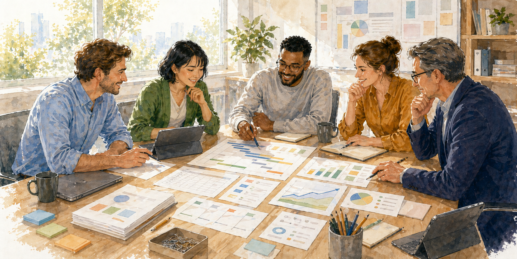 A project team reviewing printed reports, charts, resource summaries, and milestone materials on an office desk