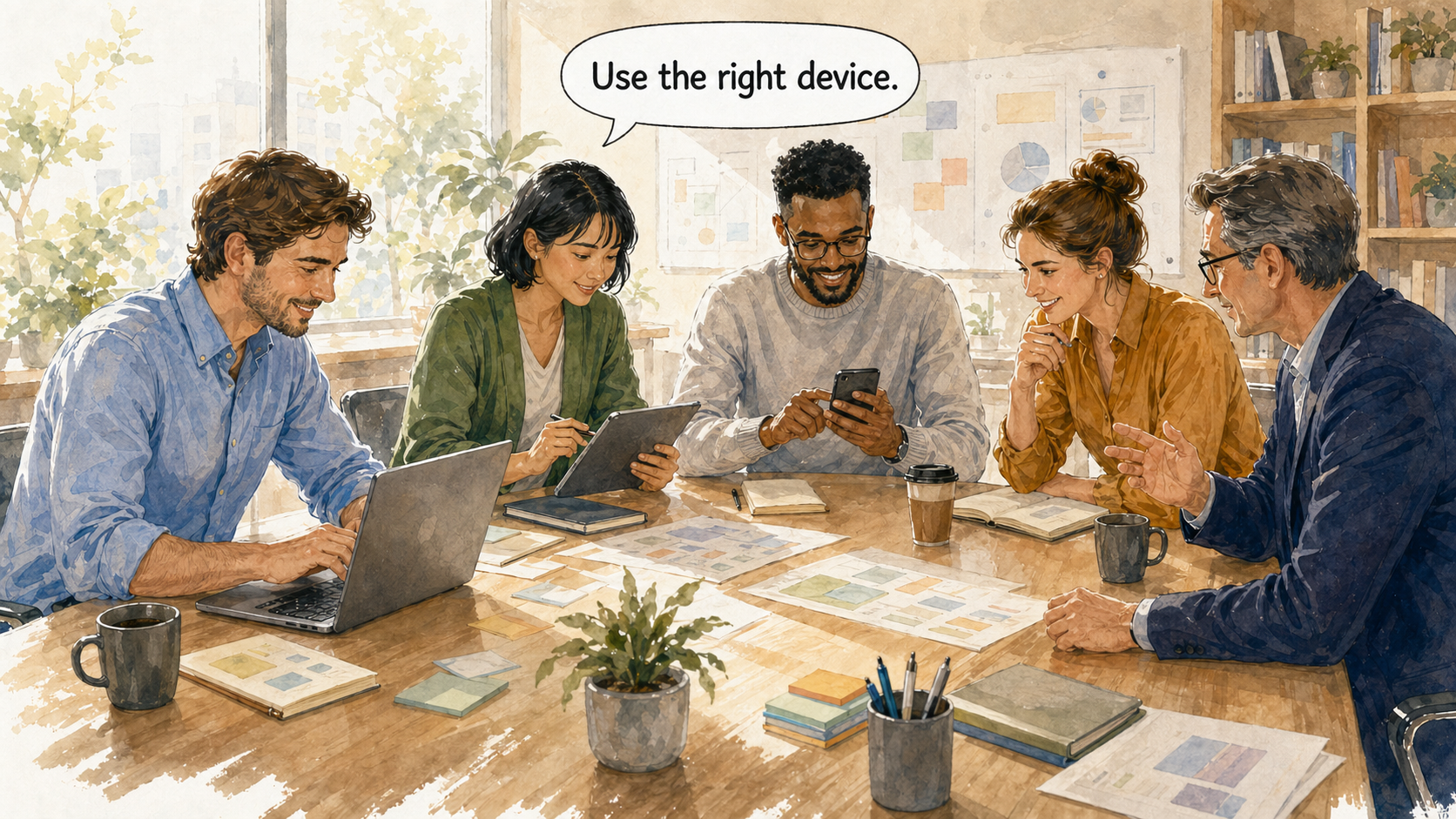 A planning team choosing the right device for each project planning moment