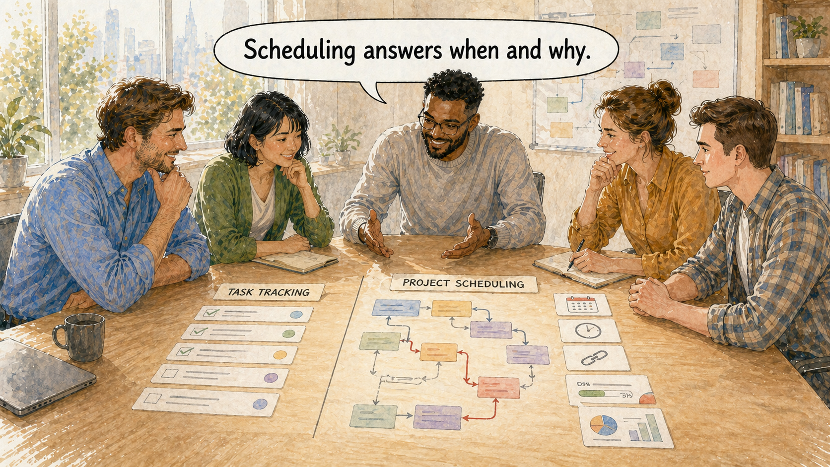 A planning team comparing simple task tracking with project scheduling logic, dates, dependencies, and reports