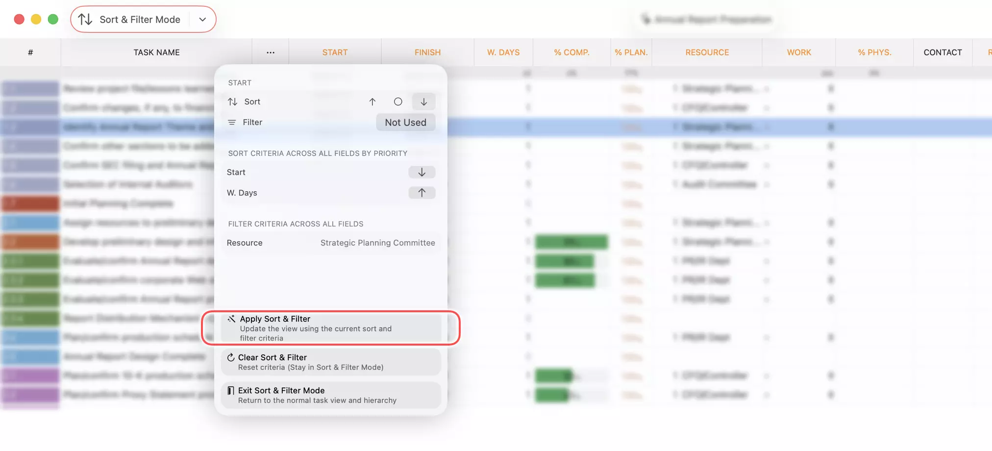 Apply Sort &amp; Filter Criteria