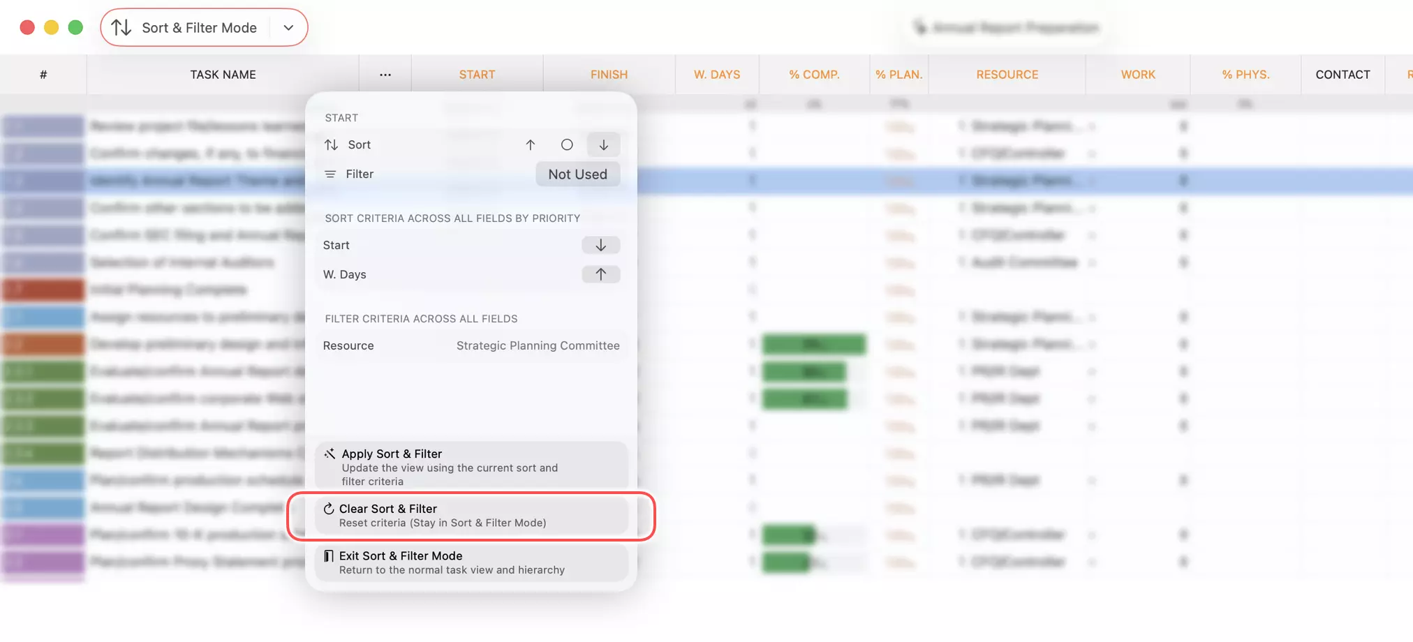 Clear Sort &amp; Filter Criteria