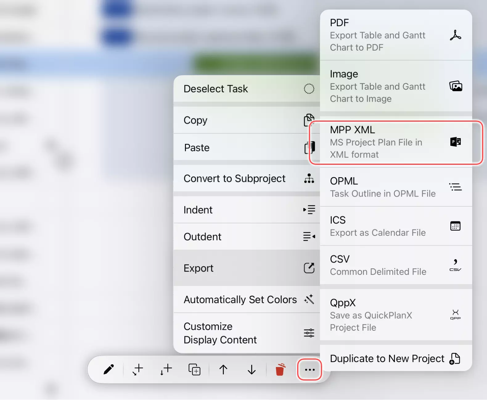 Eine Aufgabengruppe in eine MPP-XML-Datei auf dem iPad exportieren