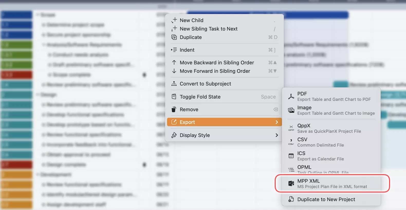 Eine Aufgabengruppe in eine MPP-XML-Datei auf dem Mac exportieren