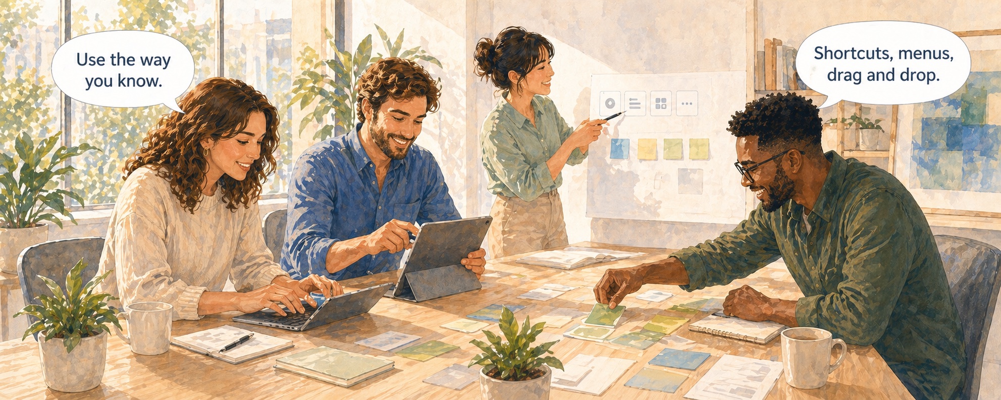 Bürobenutzer arbeiten mit Tastatur, Touch, Symbolleiste und Drag &amp; Drop-Planungsinteraktionen