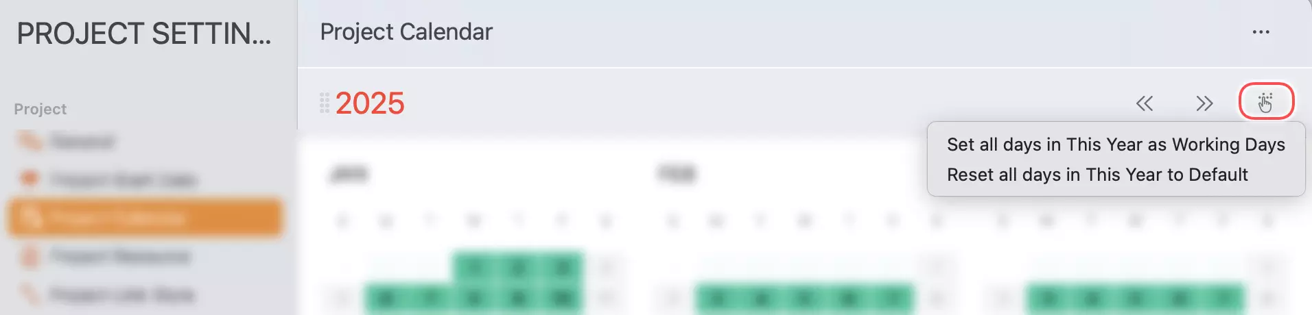 Projekteinstellungen - Kalender