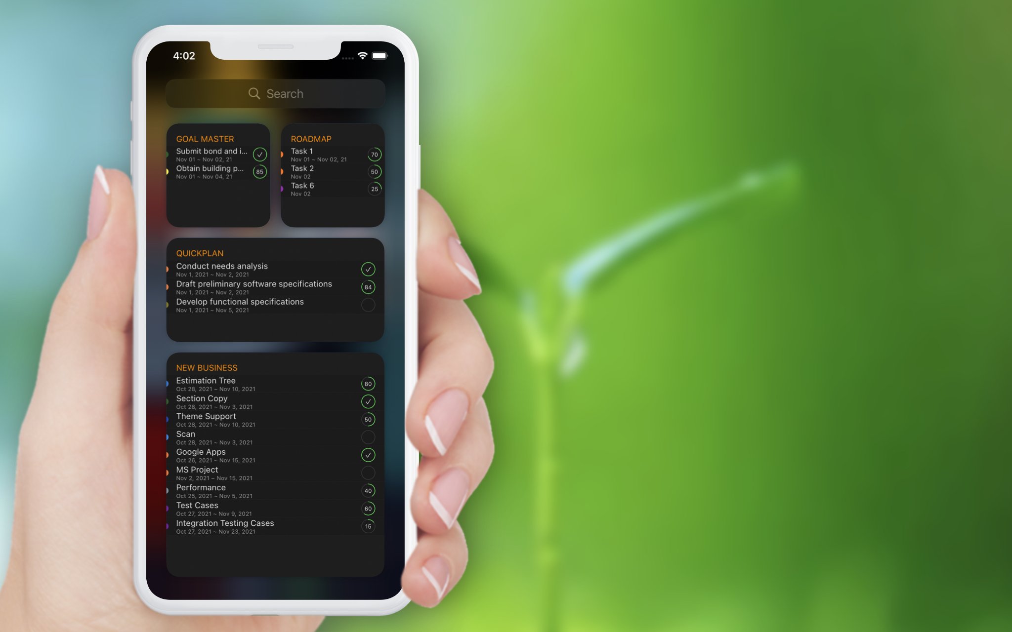 QuickPlanX Startbildschirm-Widgets zeigen laufende Projektaufgaben auf einen Blick