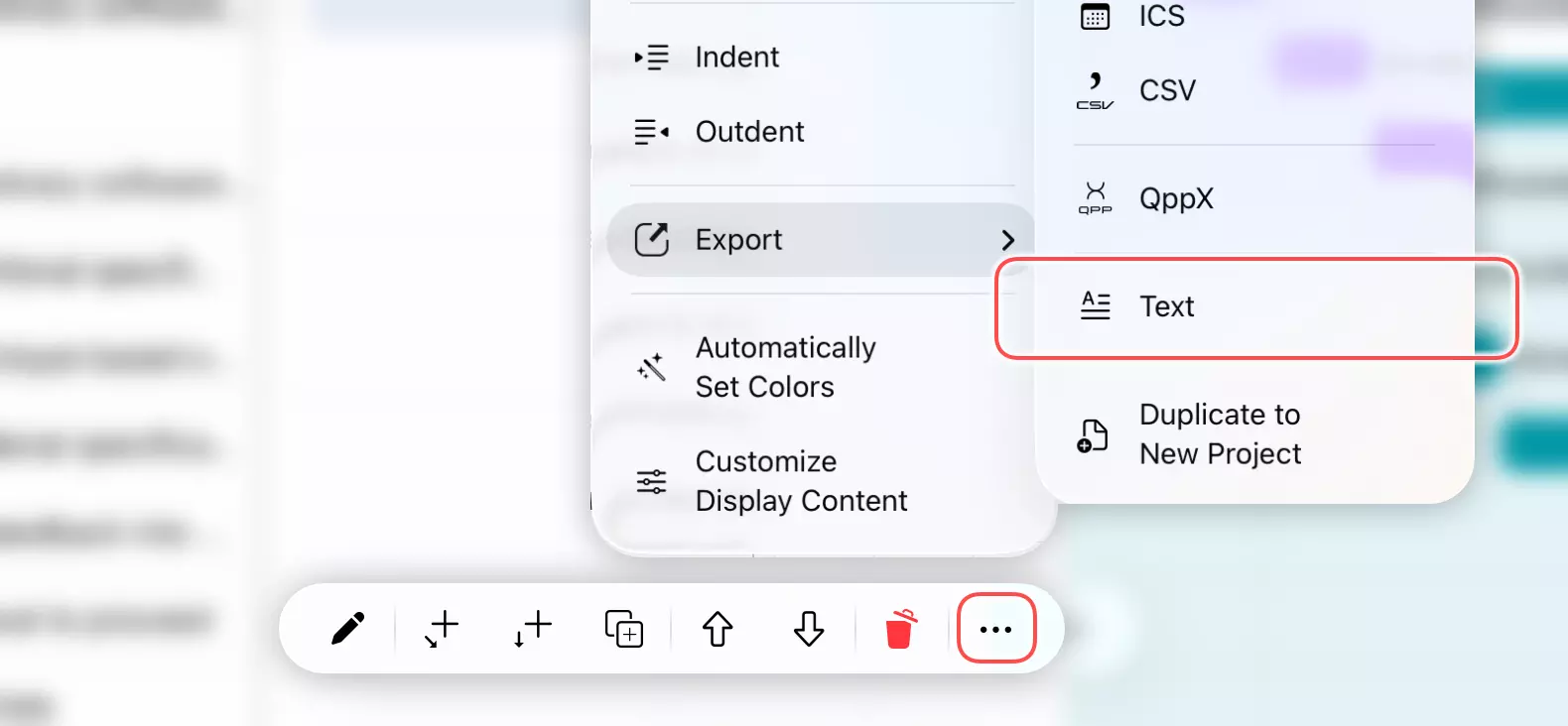 Menú de exportación en dispositivos móviles