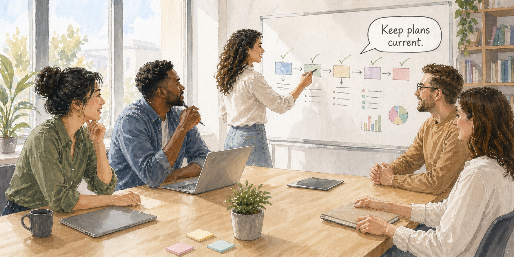 Un equipo manteniendo un plan de proyecto actual mediante un mantenimiento eficiente