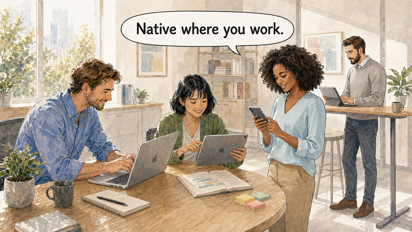 Un equipo de proyecto usando Mac, iPad y iPhone naturalmente en un flujo de trabajo de planificación nativo de Apple