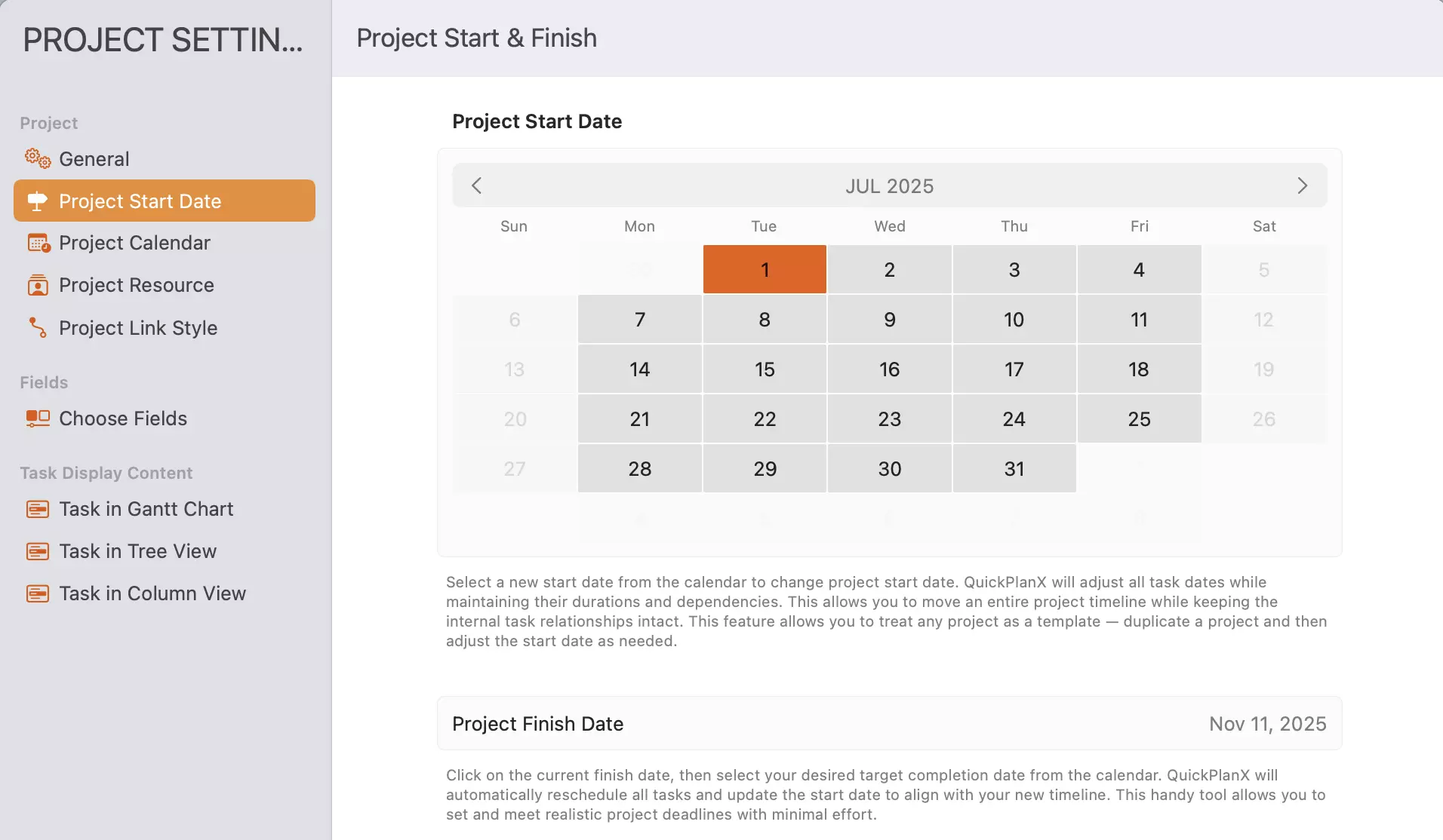 Project Settings - Start
