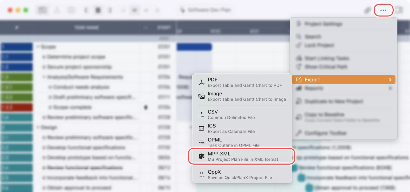 Exporter l'intégralité du projet vers un fichier XML MPP sur Mac