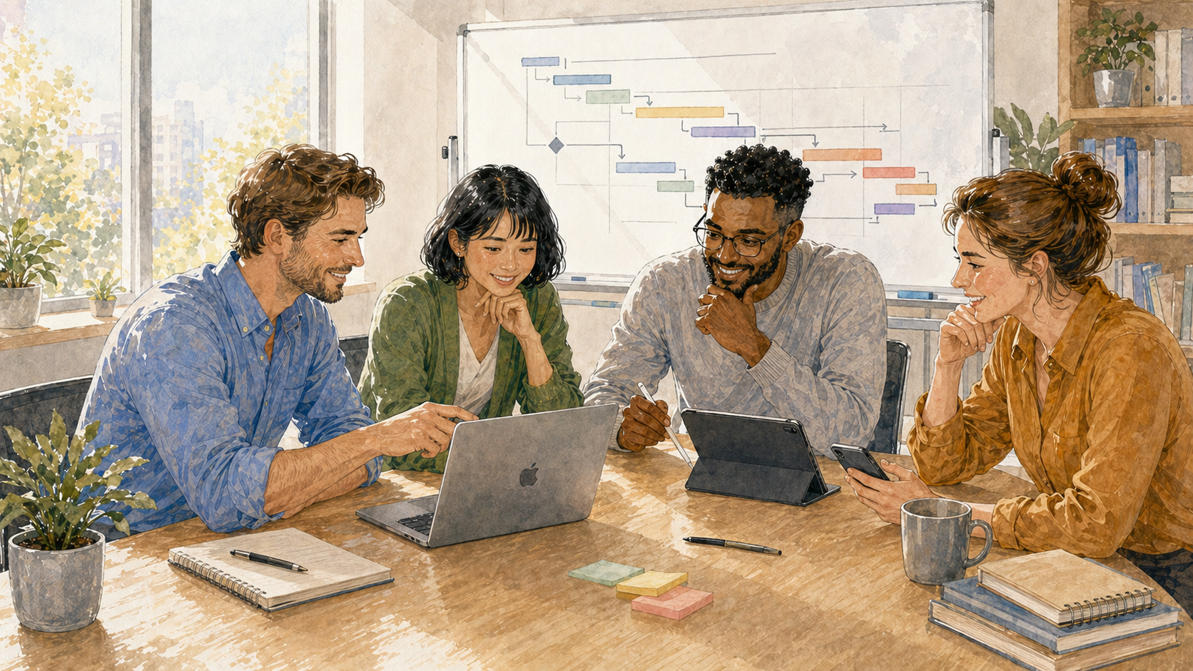 Une équipe de professionnels examinant un calendrier de projet dans un bureau moderne et lumineux avec des appareils Apple