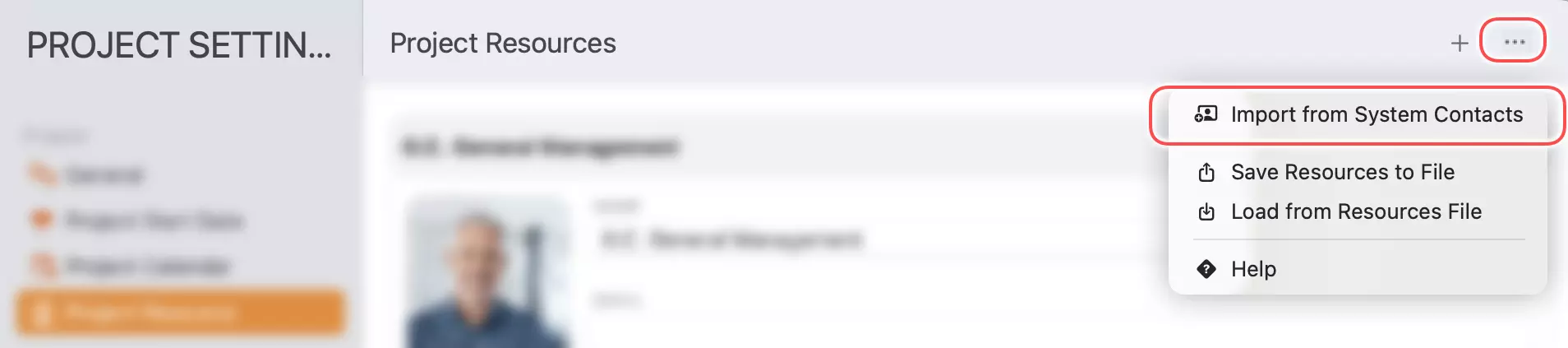 Paramètres du Projet - Importer depuis les Contacts