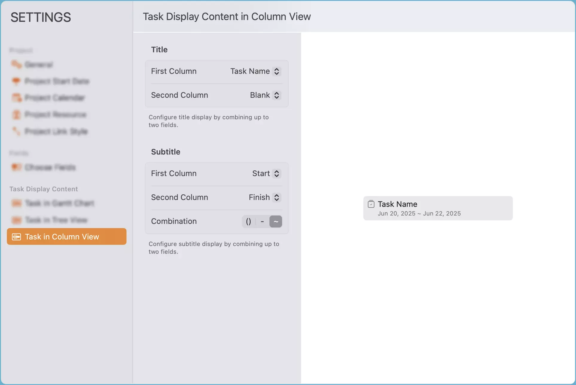 Affichage de l'élément de Colonnes