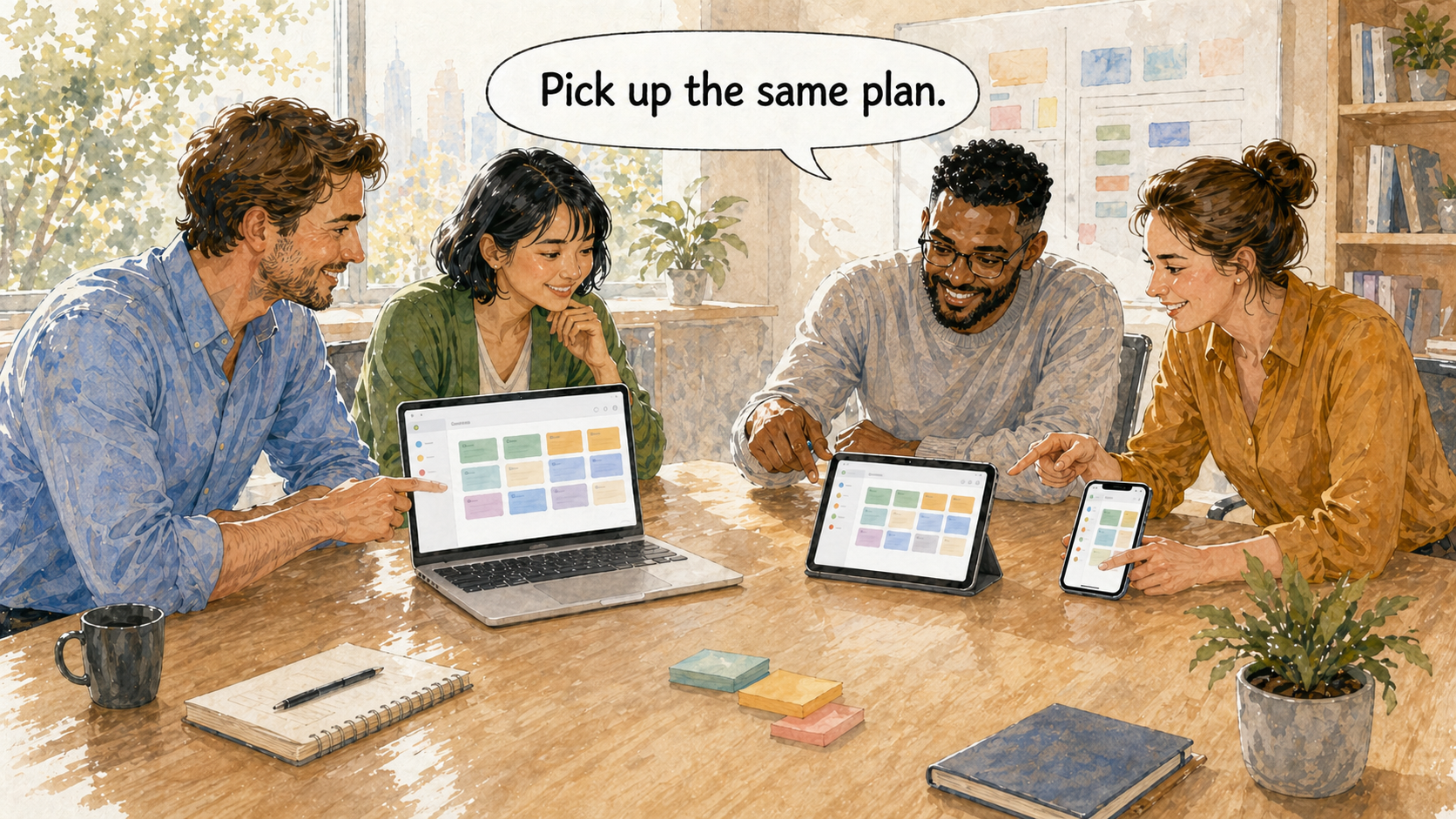 ラップトップ、タブレット、スマートフォン間で同じプロジェクト計画を手に取る計画チーム