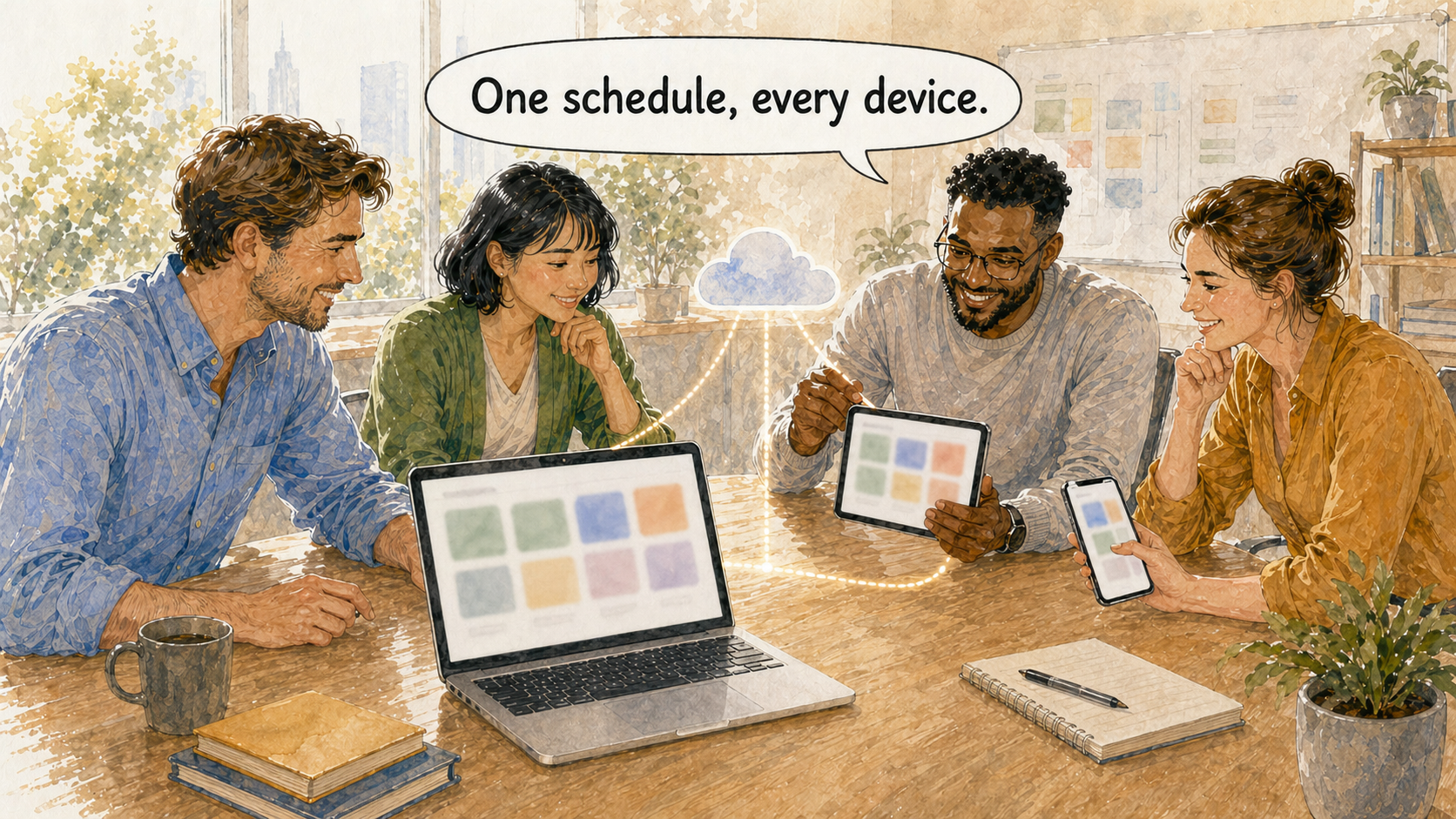チームメンバーが、摩擦なしに同じプロジェクトでAppleデバイス（ラップトップ、タブレット、スマートフォン）を自然に使用している