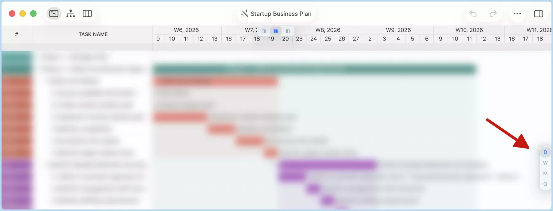 macOS デバイスのガントチャート右端に表示されたタイムライン表示スタイル切り替えツール