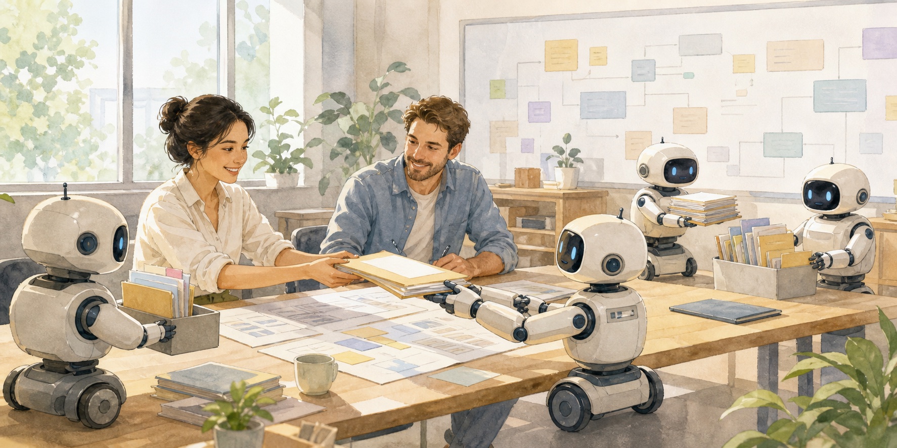 Kantoorrobots overhandigen geordende planningsdocumenten aan ontspannen menselijke projectmedewerkers