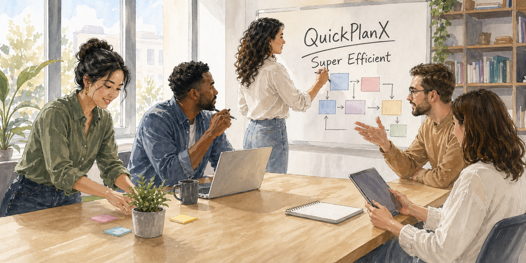 Een projectteam dat efficiënte planningsworkflows gebruikt met notities, apparaten en een whiteboard