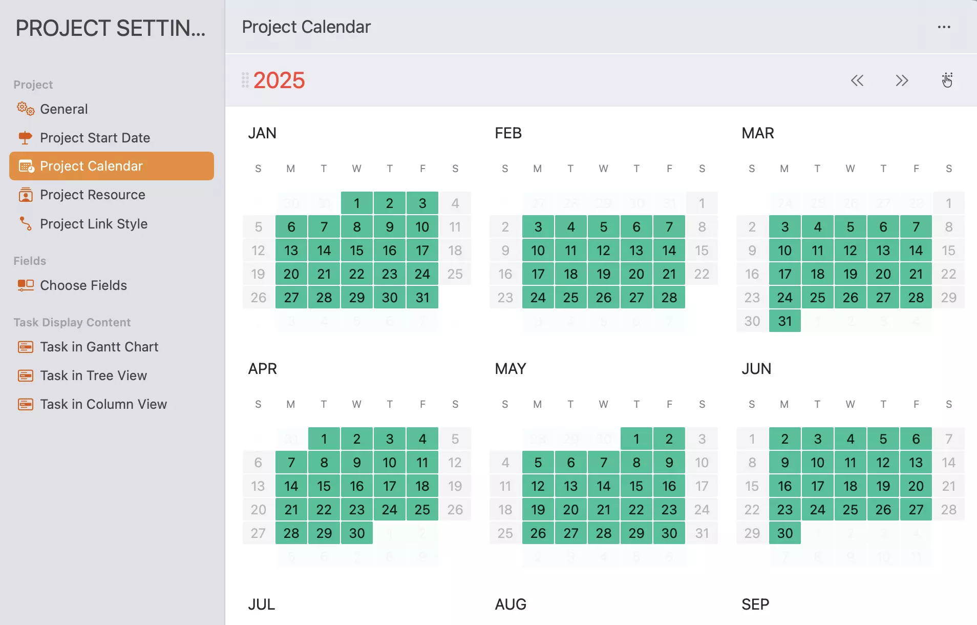 Projectinstellingen - Kalender