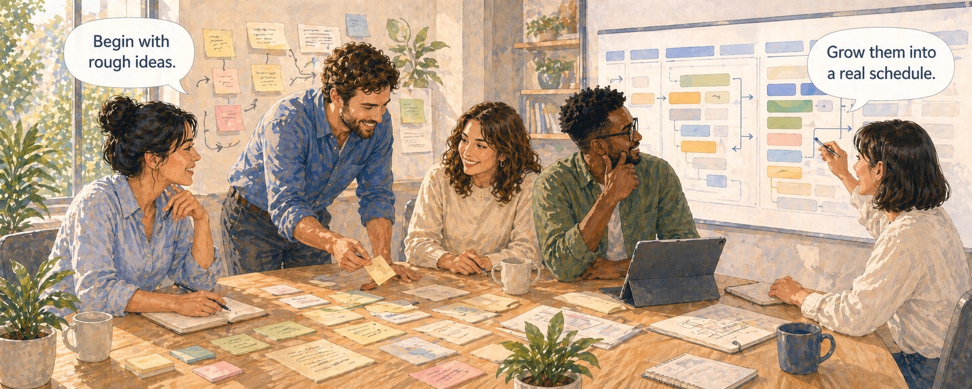 Een projectteam dat ruwe planningsnotities omzet in een duidelijk werkend schema