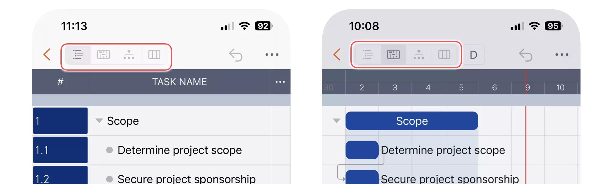 项目窗口表格视图 - iPhone